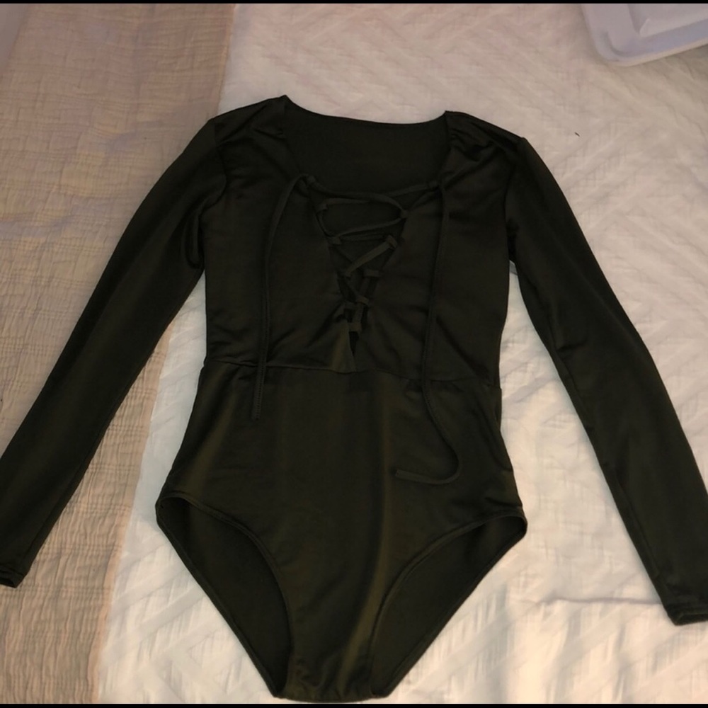 Medium Olive green body suit w lace up front